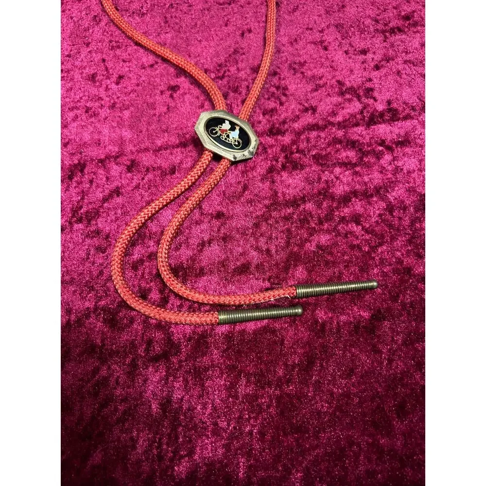 Vintage Metal Bolo Tie - Tandem Bicycle Couple Black Enamel Slide Red Cord